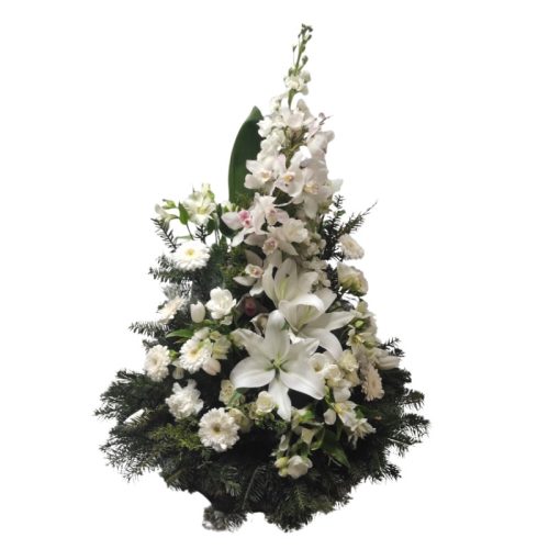 SZELÍD NYUGALOM – FEKVŐ KEGYELETI KOSZORÚ ORCHIDEÁVAL ÉS KIRÁLYLILIOMMAL, OÁZISBAN