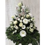 BÉKE ÖLELÉSE – FEHÉR OÁZISOS GYÁSZKOSZORÚ ORCHIDEÁVAL ÉS VEGYES VIRÁGOKKAL 2